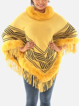 Floral Faux Fur-Trim Poncho