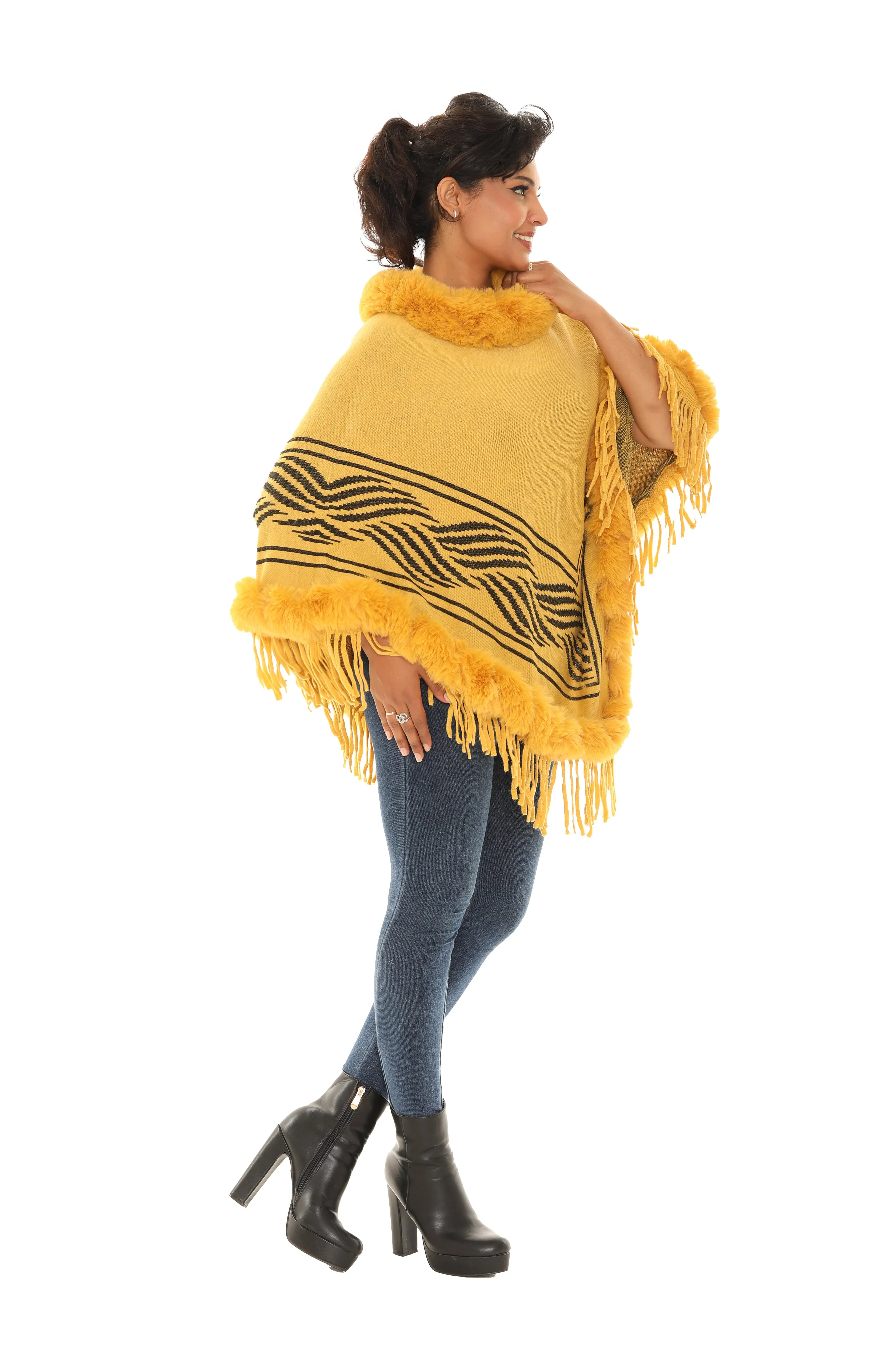 Floral Faux Fur-Trim Poncho