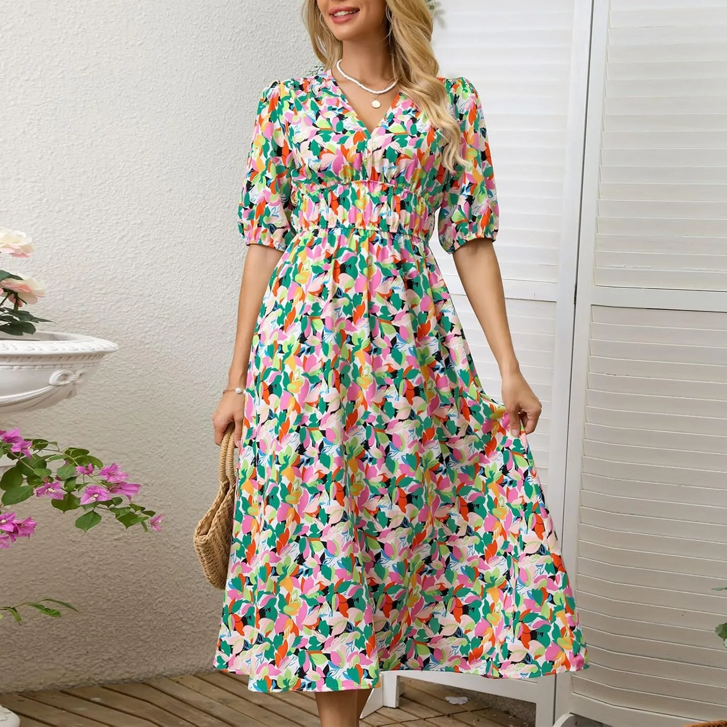 Floral Maxi Dresses for Women Summer V-Neck Short Sleeve Loose Fit Pretty Sundresses Simple Holiday Maxi Dress