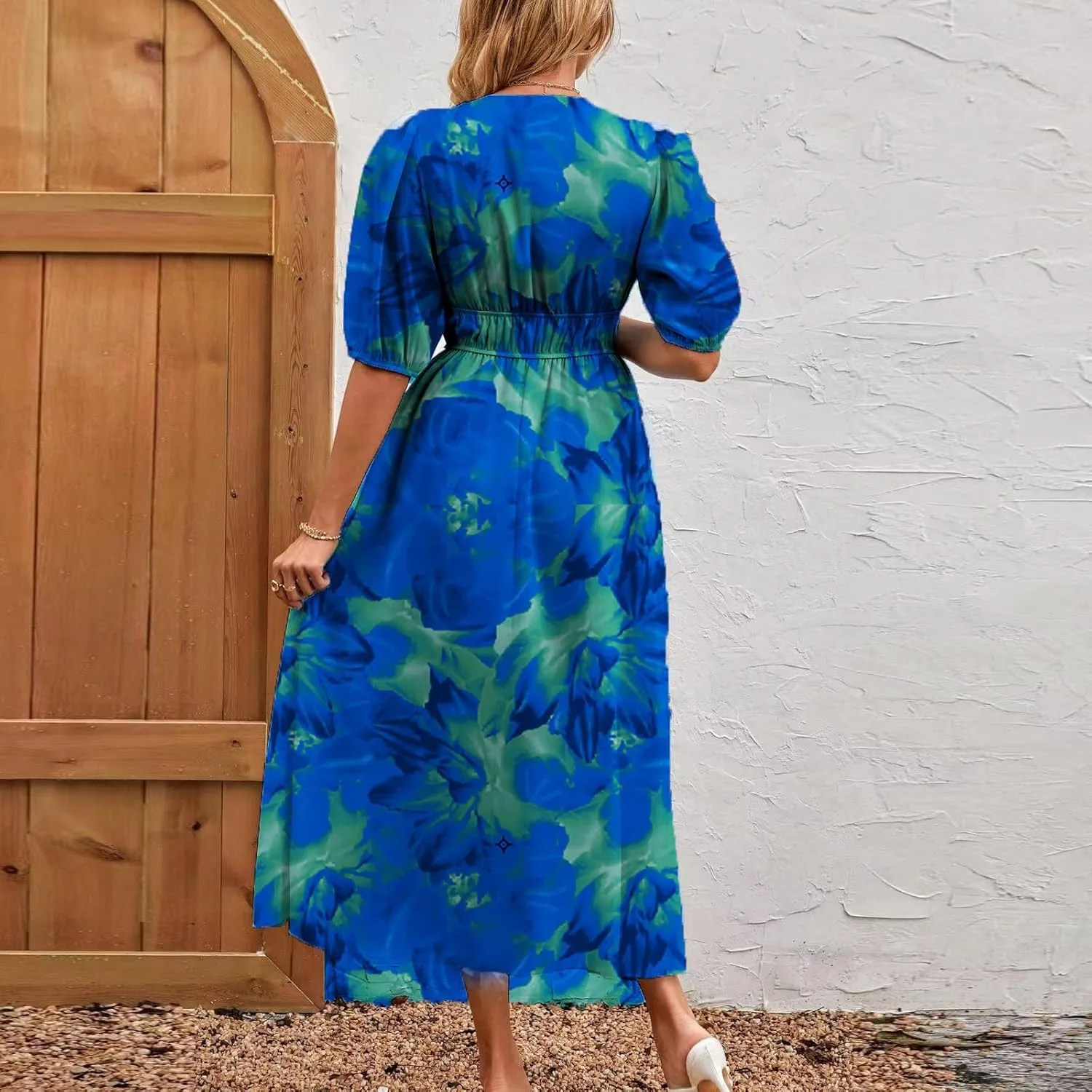 Floral Maxi Dresses for Women Summer V-Neck Short Sleeve Loose Fit Pretty Sundresses Simple Holiday Maxi Dress