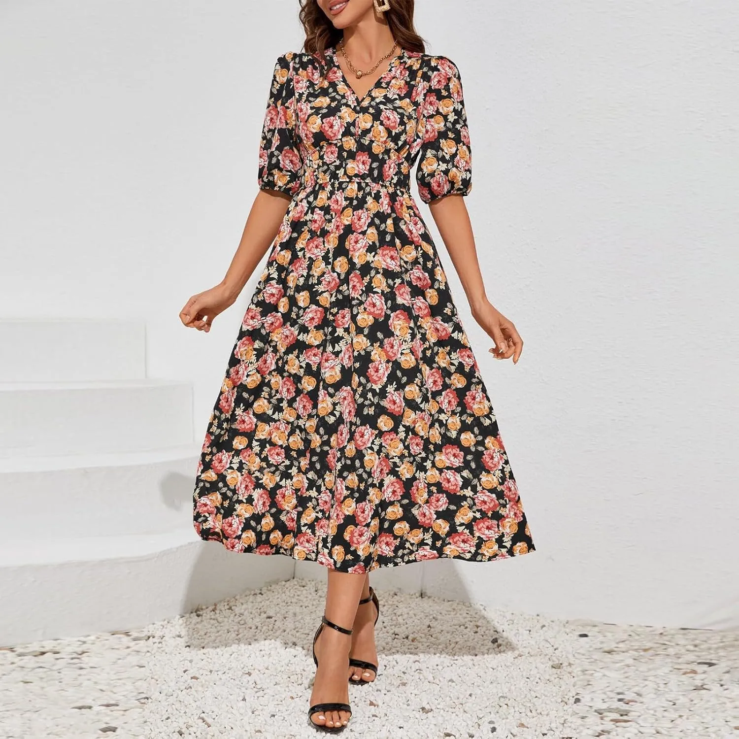 Floral Maxi Dresses for Women Summer V-Neck Short Sleeve Loose Fit Pretty Sundresses Simple Holiday Maxi Dress
