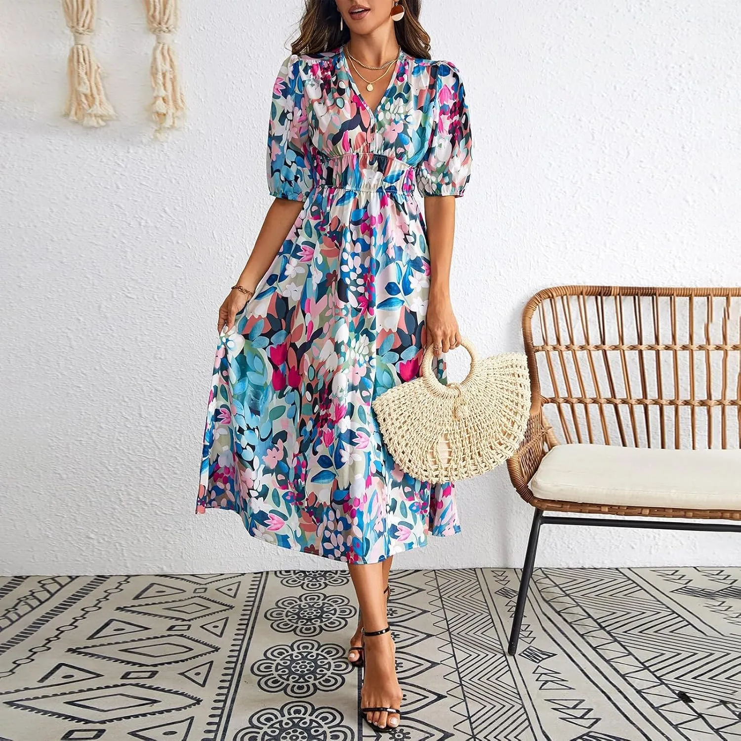 Floral Maxi Dresses for Women Summer V-Neck Short Sleeve Loose Fit Pretty Sundresses Simple Holiday Maxi Dress
