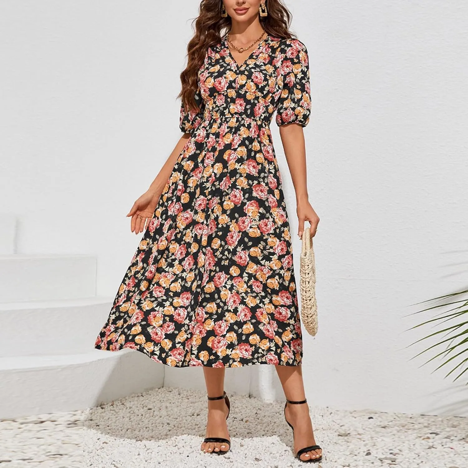 Floral Maxi Dresses for Women Summer V-Neck Short Sleeve Loose Fit Pretty Sundresses Simple Holiday Maxi Dress