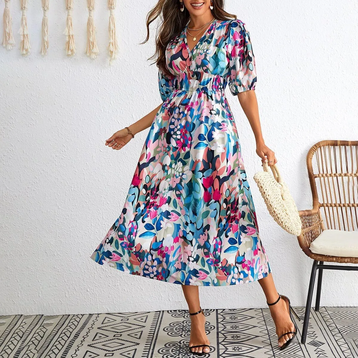 Floral Maxi Dresses for Women Summer V-Neck Short Sleeve Loose Fit Pretty Sundresses Simple Holiday Maxi Dress