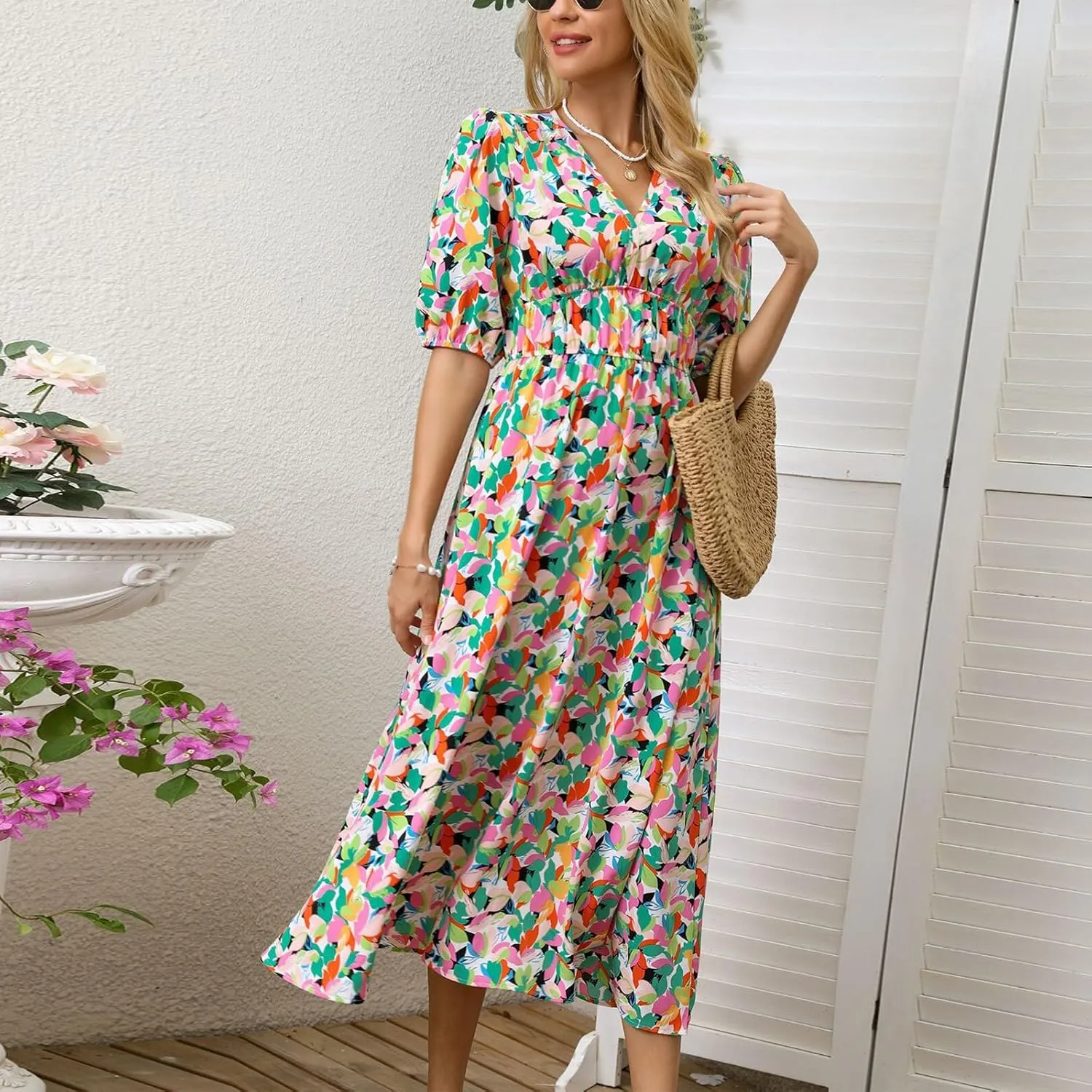 Floral Maxi Dresses for Women Summer V-Neck Short Sleeve Loose Fit Pretty Sundresses Simple Holiday Maxi Dress