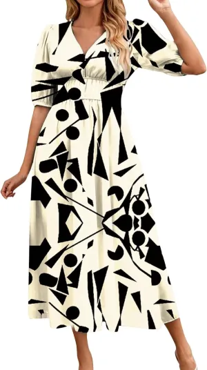 Floral Maxi Dresses for Women Summer V-Neck Short Sleeve Loose Fit Pretty Sundresses Simple Holiday Maxi Dress