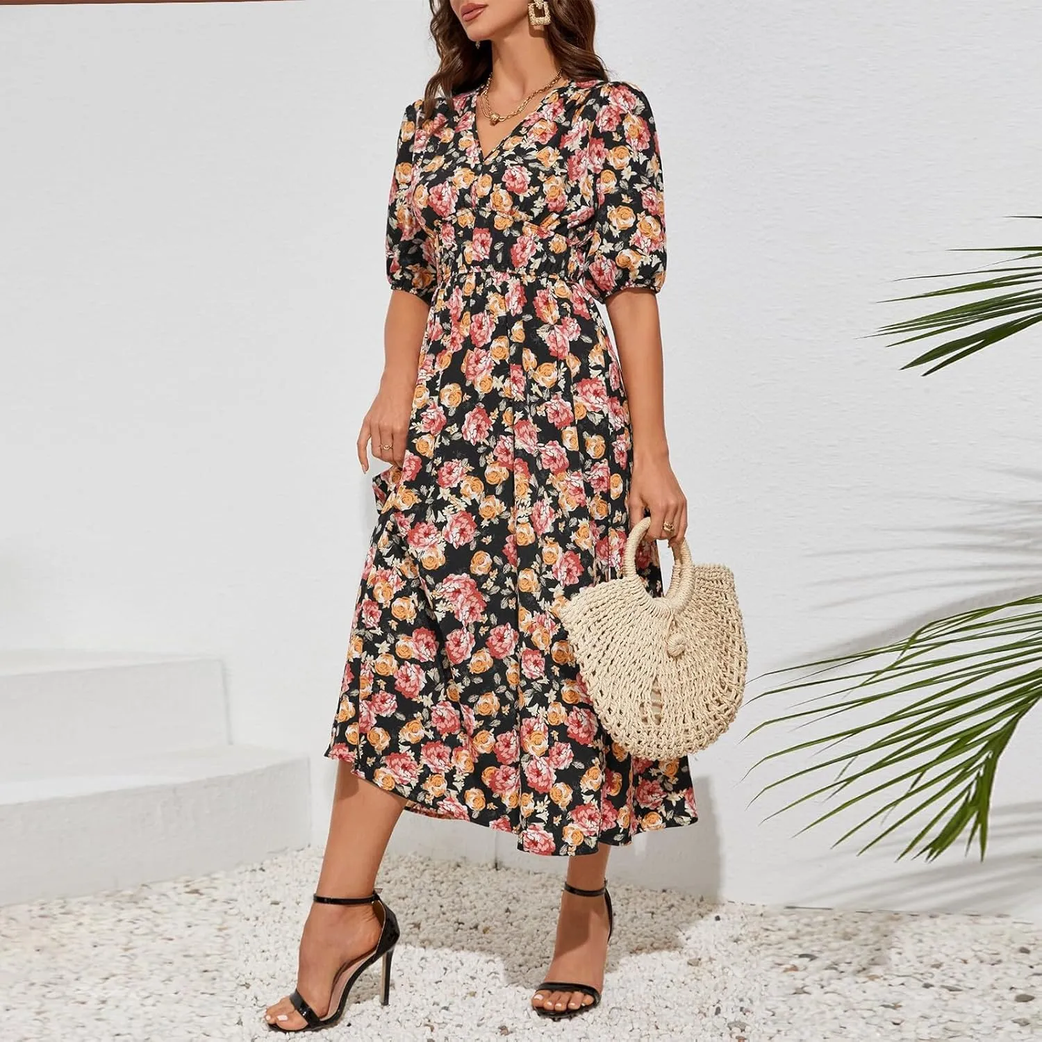 Floral Maxi Dresses for Women Summer V-Neck Short Sleeve Loose Fit Pretty Sundresses Simple Holiday Maxi Dress