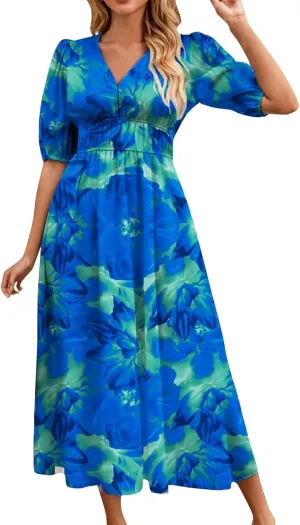 Floral Maxi Dresses for Women Summer V-Neck Short Sleeve Loose Fit Pretty Sundresses Simple Holiday Maxi Dress