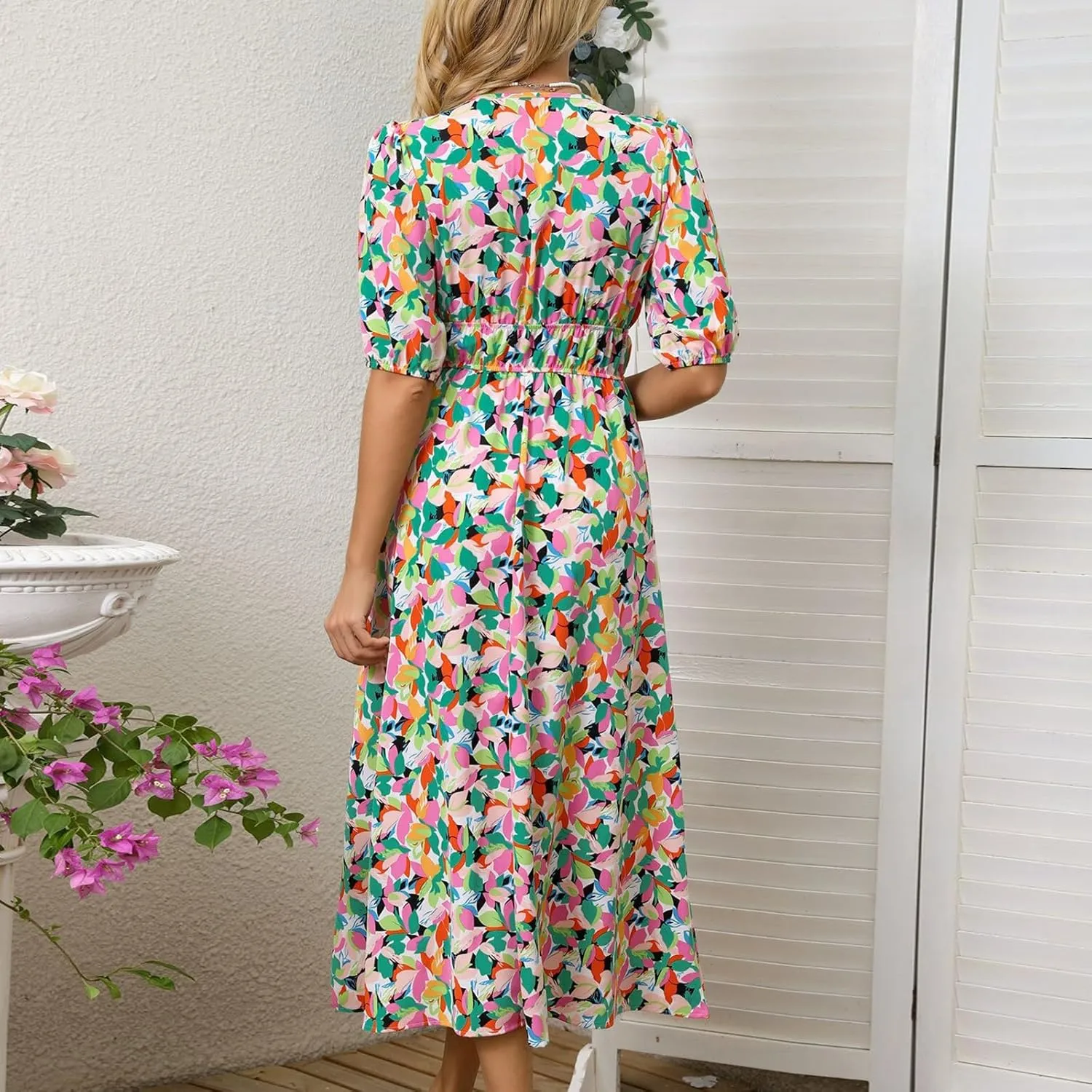 Floral Maxi Dresses for Women Summer V-Neck Short Sleeve Loose Fit Pretty Sundresses Simple Holiday Maxi Dress