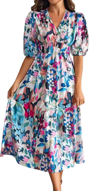Floral Maxi Dresses for Women Summer V-Neck Short Sleeve Loose Fit Pretty Sundresses Simple Holiday Maxi Dress