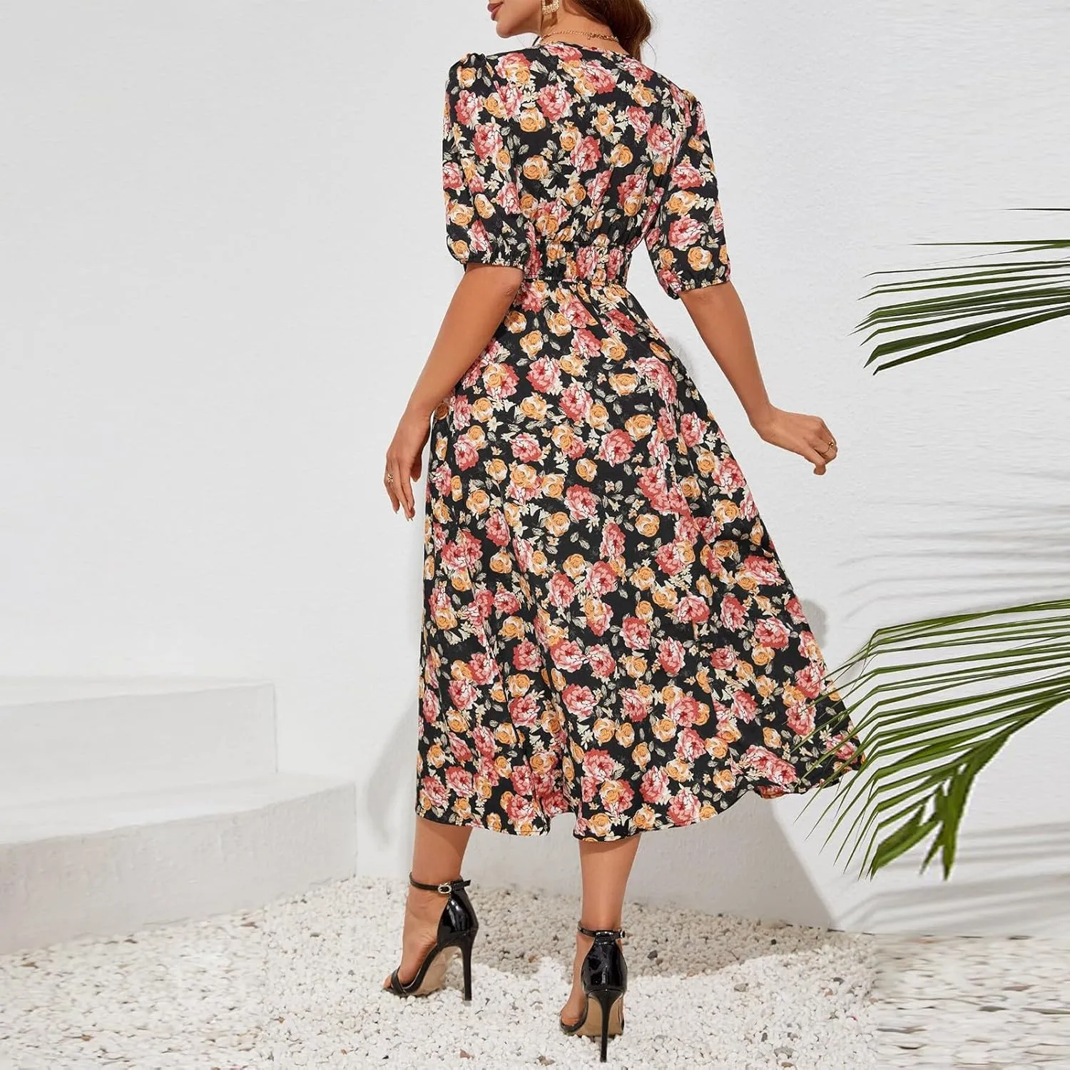 Floral Maxi Dresses for Women Summer V-Neck Short Sleeve Loose Fit Pretty Sundresses Simple Holiday Maxi Dress