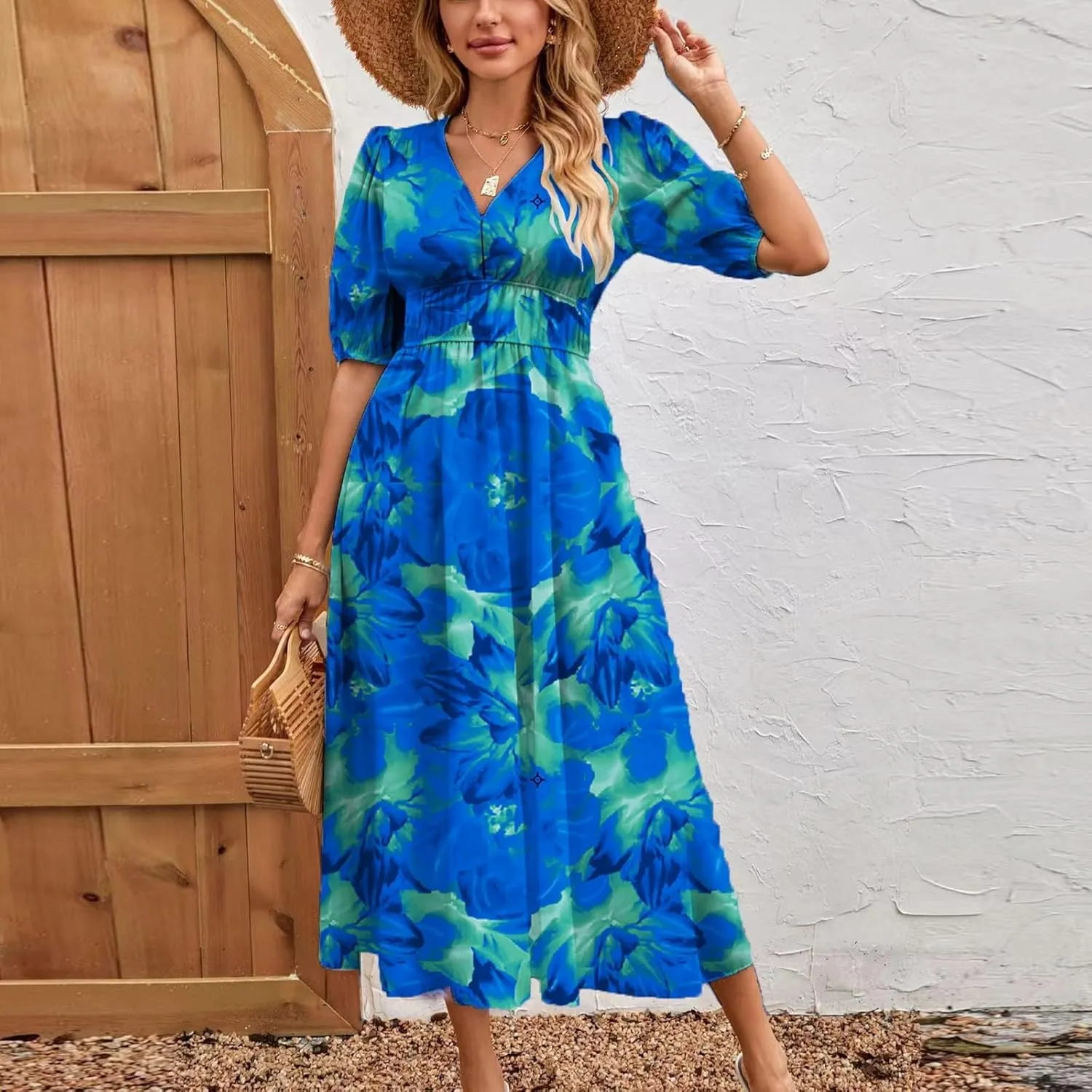 Floral Maxi Dresses for Women Summer V-Neck Short Sleeve Loose Fit Pretty Sundresses Simple Holiday Maxi Dress