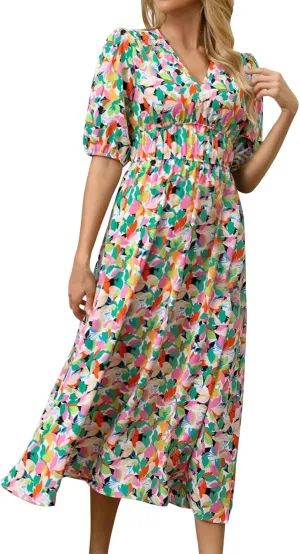 Floral Maxi Dresses for Women Summer V-Neck Short Sleeve Loose Fit Pretty Sundresses Simple Holiday Maxi Dress