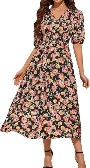 Floral Maxi Dresses for Women Summer V-Neck Short Sleeve Loose Fit Pretty Sundresses Simple Holiday Maxi Dress