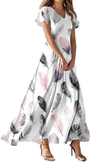 Floral Maxi Dresses for Women V Neck Spring Loose Dressy Sundresses Short Sleeve Elegant Vacation Long Dress