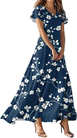 Floral Maxi Dresses for Women V Neck Spring Loose Dressy Sundresses Short Sleeve Elegant Vacation Long Dress