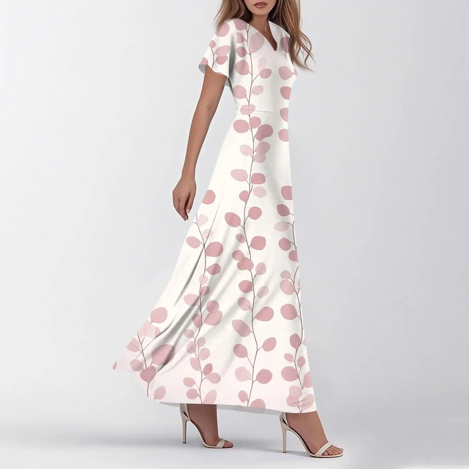 Floral Maxi Dresses for Women V Neck Spring Loose Dressy Sundresses Short Sleeve Elegant Vacation Long Dress