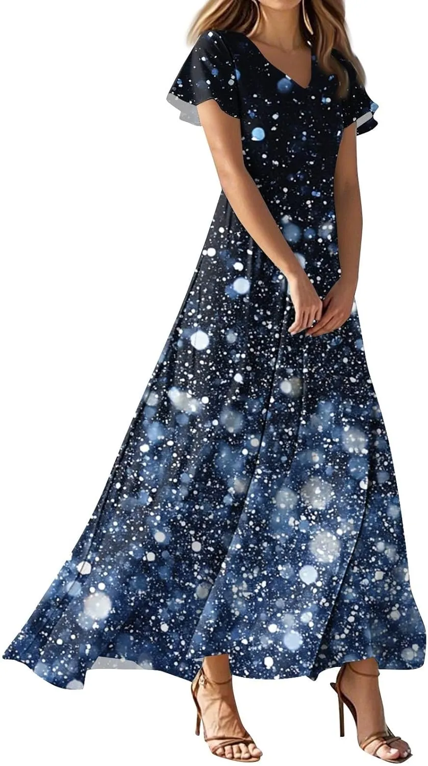 Floral Maxi Dresses for Women V Neck Spring Loose Dressy Sundresses Short Sleeve Elegant Vacation Long Dress