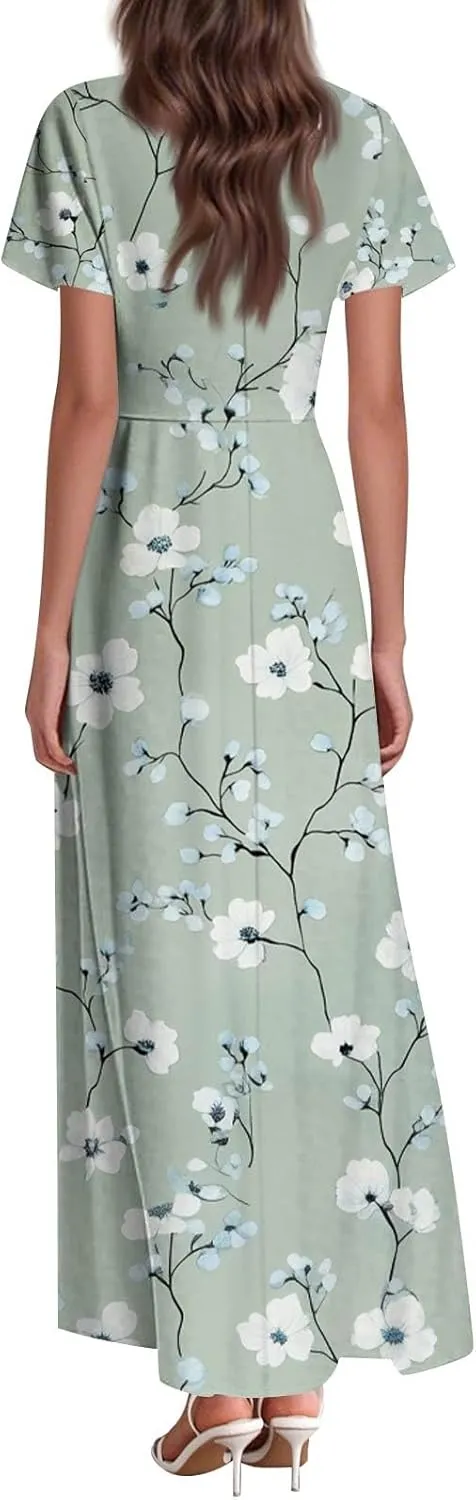 Floral Maxi Dresses for Women V Neck Spring Loose Dressy Sundresses Short Sleeve Elegant Vacation Long Dress