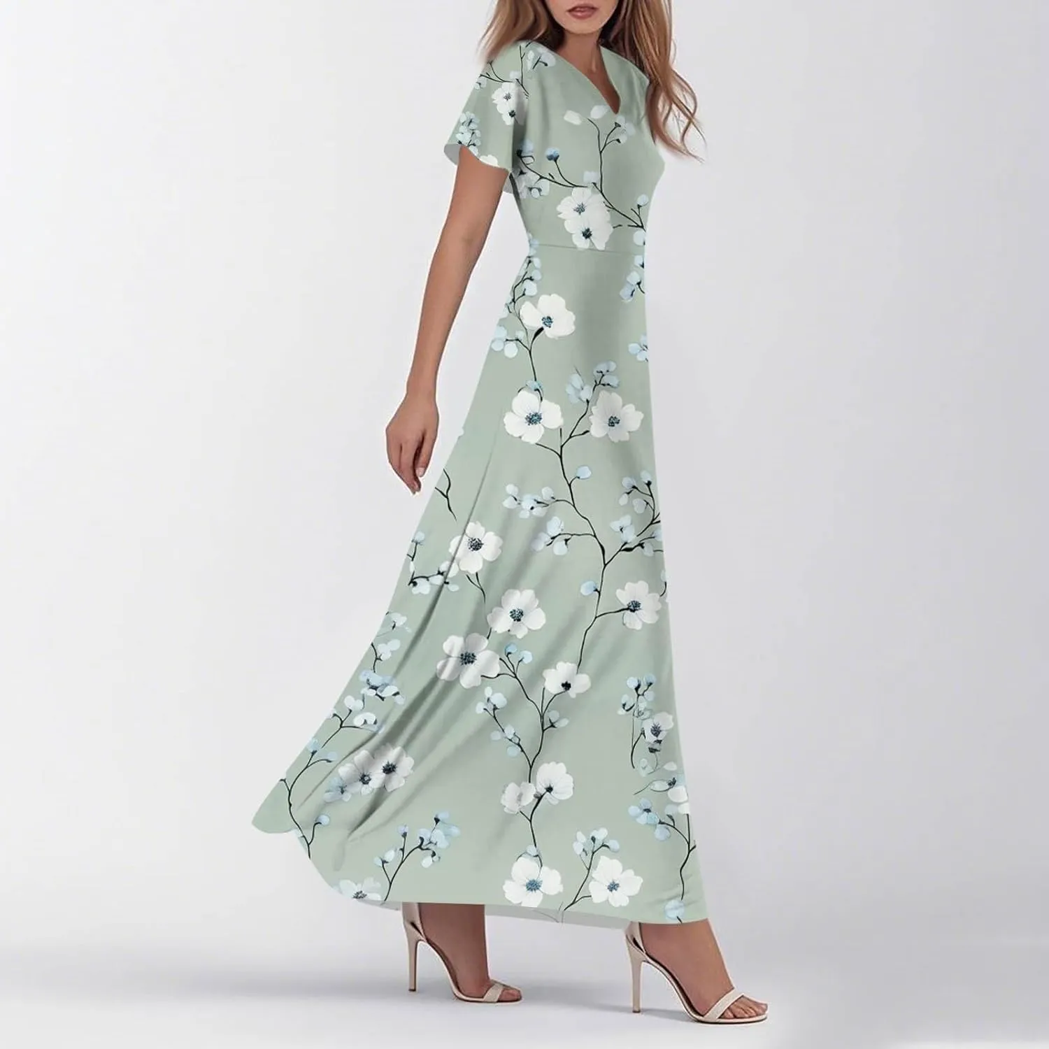 Floral Maxi Dresses for Women V Neck Spring Loose Dressy Sundresses Short Sleeve Elegant Vacation Long Dress
