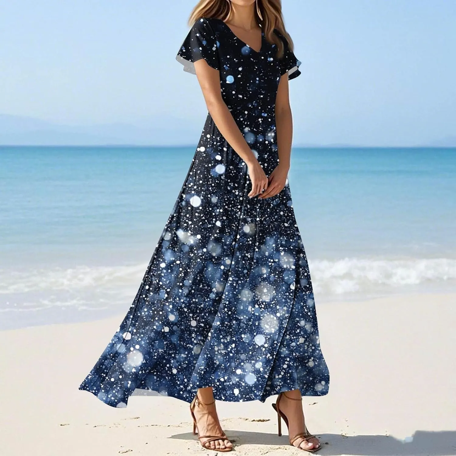 Floral Maxi Dresses for Women V Neck Spring Loose Dressy Sundresses Short Sleeve Elegant Vacation Long Dress