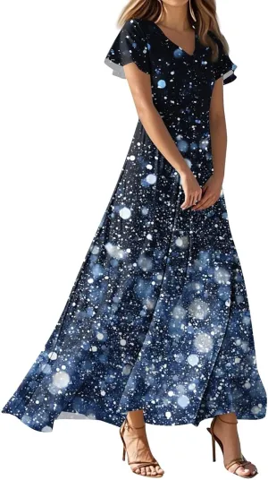 Floral Maxi Dresses for Women V Neck Spring Loose Dressy Sundresses Short Sleeve Elegant Vacation Long Dress
