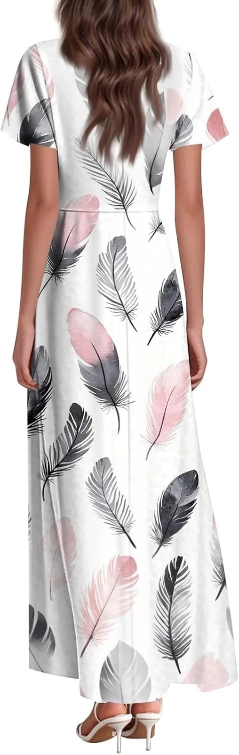 Floral Maxi Dresses for Women V Neck Spring Loose Dressy Sundresses Short Sleeve Elegant Vacation Long Dress