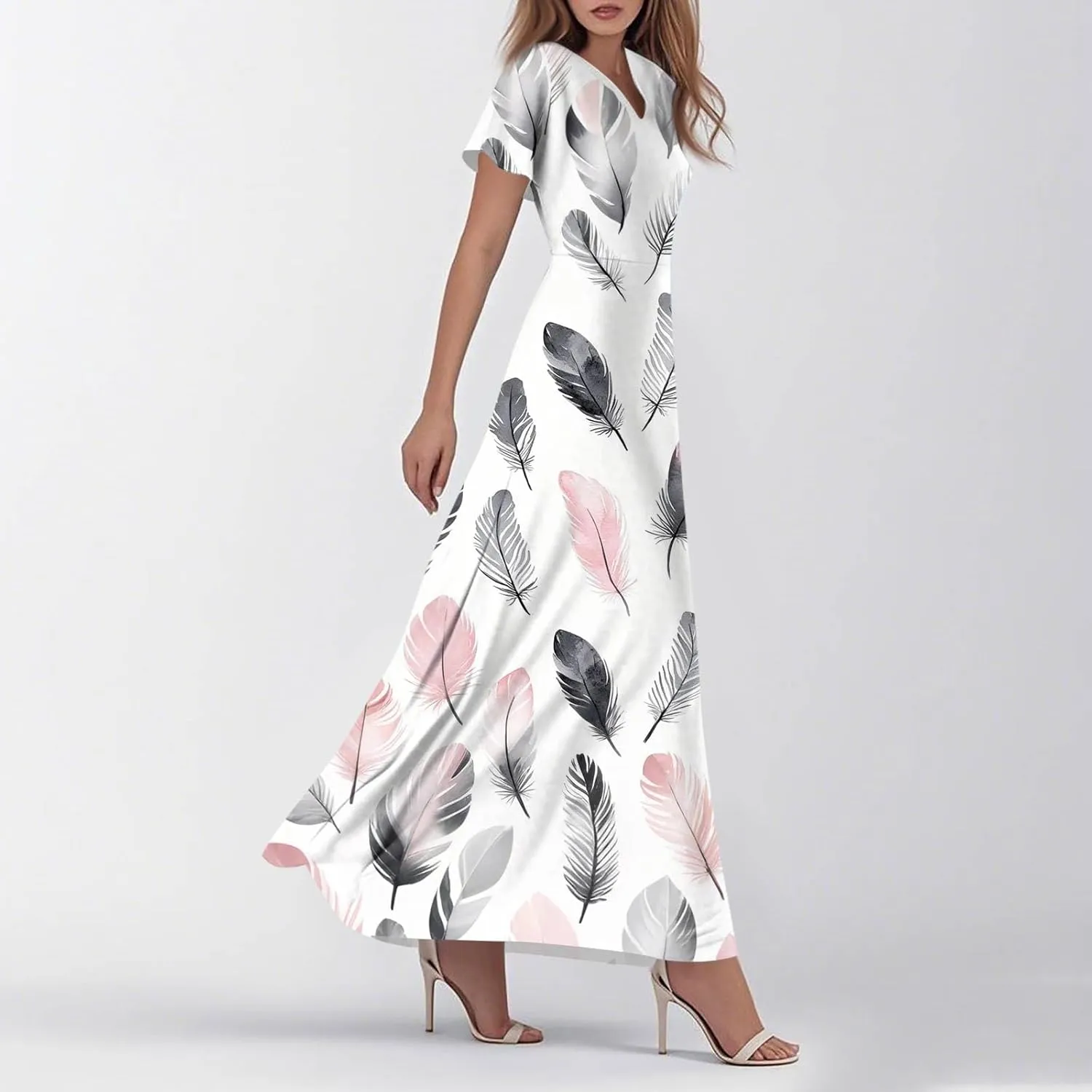 Floral Maxi Dresses for Women V Neck Spring Loose Dressy Sundresses Short Sleeve Elegant Vacation Long Dress