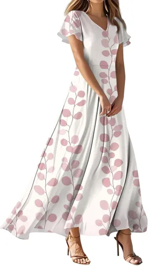 Floral Maxi Dresses for Women V Neck Spring Loose Dressy Sundresses Short Sleeve Elegant Vacation Long Dress
