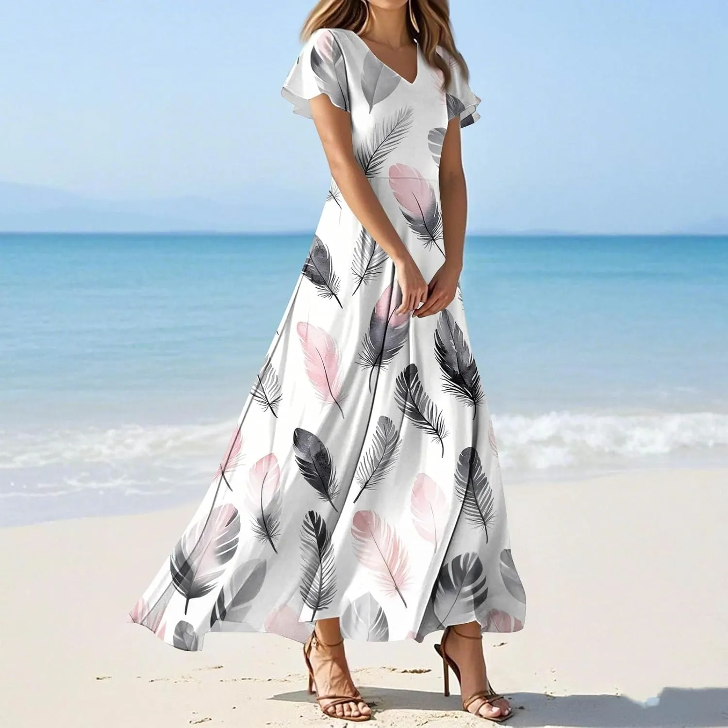 Floral Maxi Dresses for Women V Neck Spring Loose Dressy Sundresses Short Sleeve Elegant Vacation Long Dress