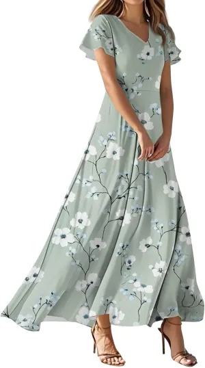 Floral Maxi Dresses for Women V Neck Spring Loose Dressy Sundresses Short Sleeve Elegant Vacation Long Dress