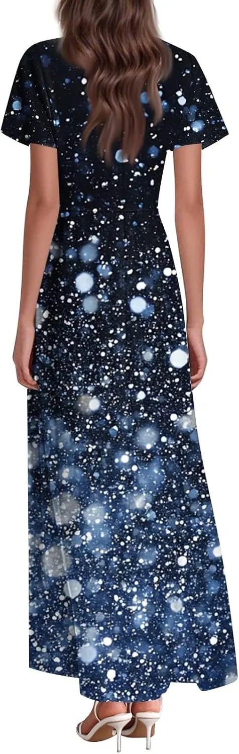 Floral Maxi Dresses for Women V Neck Spring Loose Dressy Sundresses Short Sleeve Elegant Vacation Long Dress