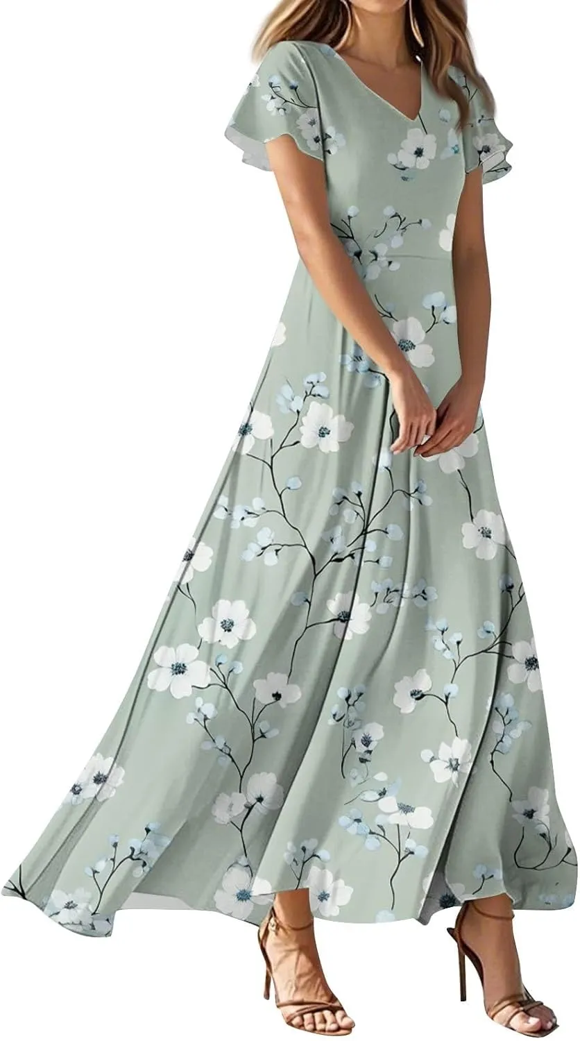 Floral Maxi Dresses for Women V Neck Spring Loose Dressy Sundresses Short Sleeve Elegant Vacation Long Dress