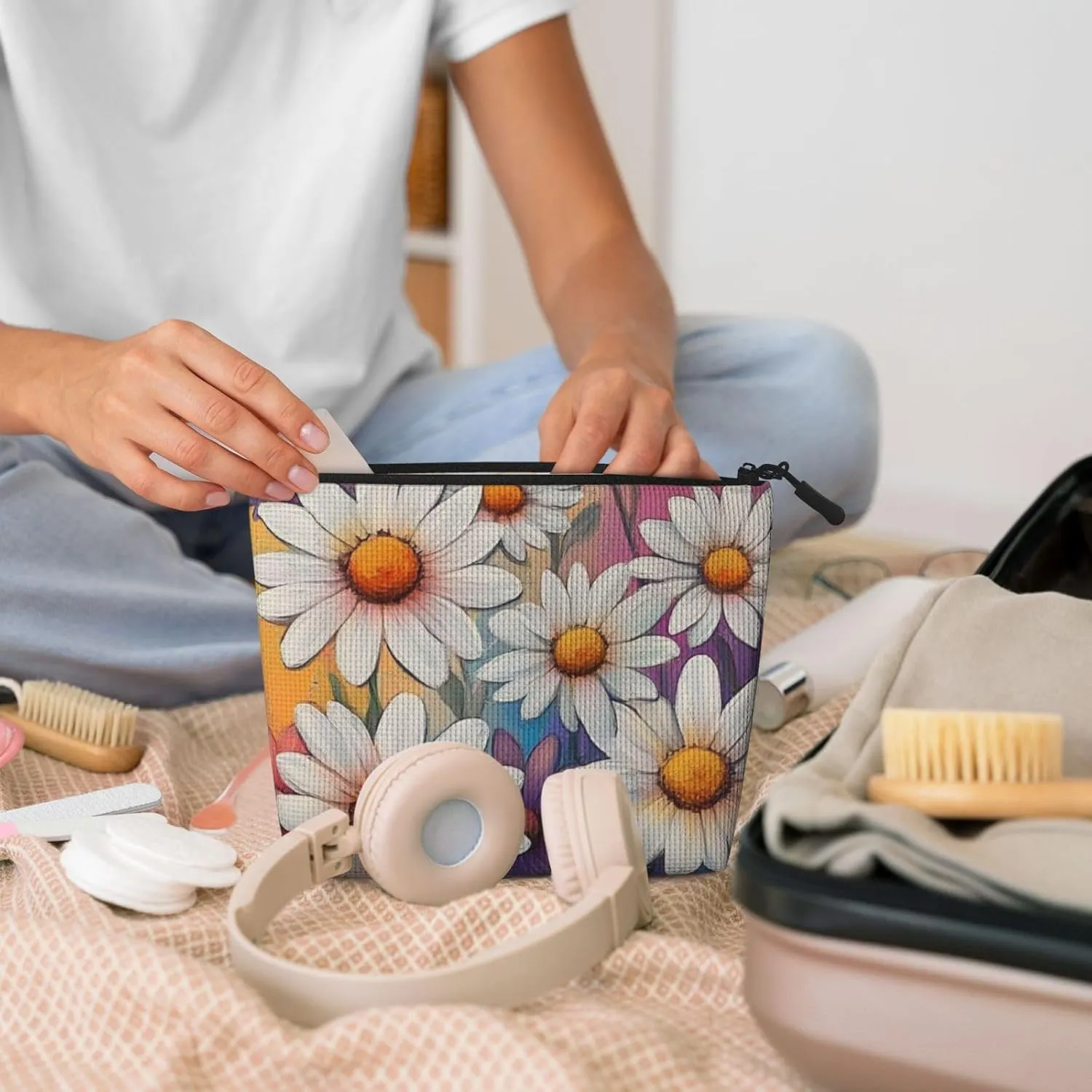 Flower Print Makeup Bag For Purse Cosmetic Travel Casual Toiletry Zipper Storage Bag