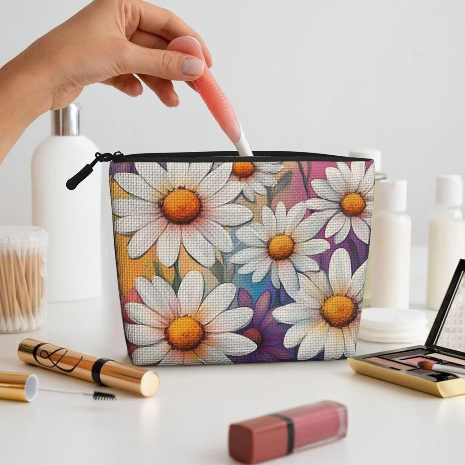 Flower Print Makeup Bag For Purse Cosmetic Travel Casual Toiletry Zipper Storage Bag