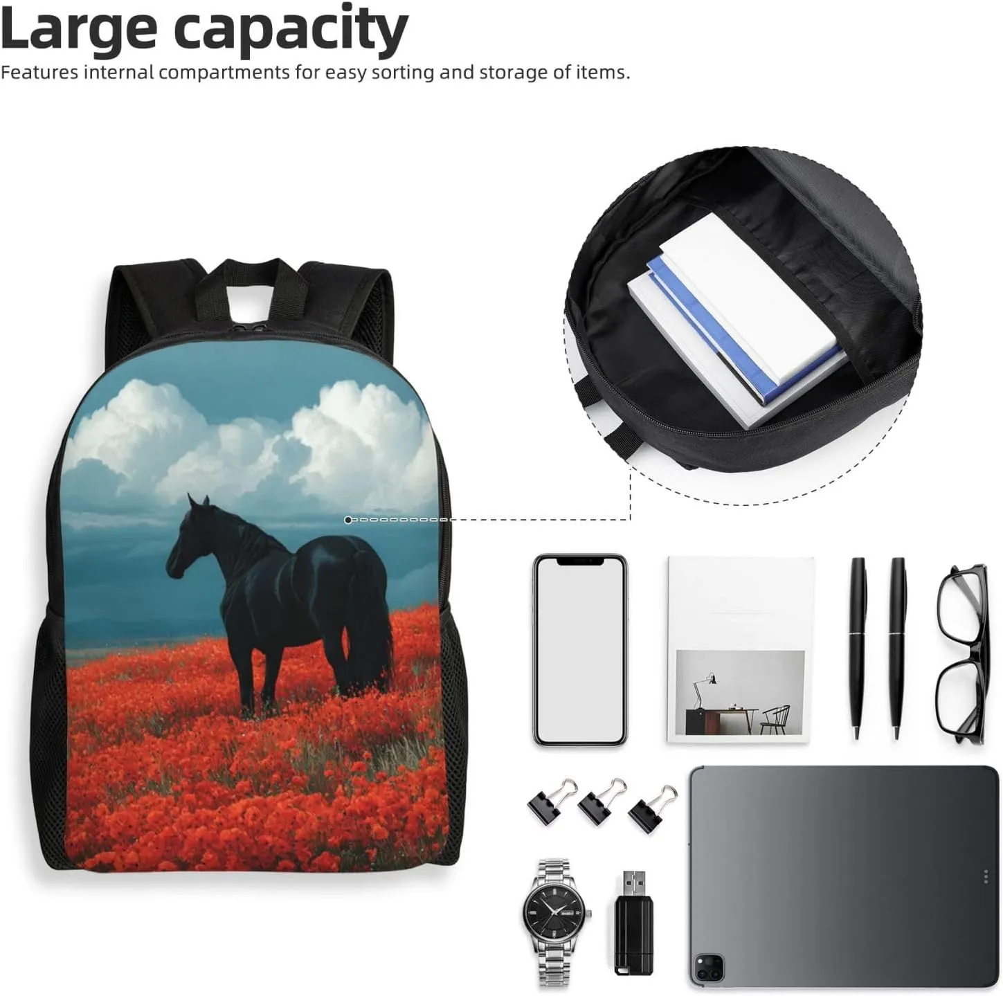 Flowers And Horses Backpack Waterproof Anti Theft Durable Light Laptop Bag Backpacks For Women Men Travel Gym Backpack