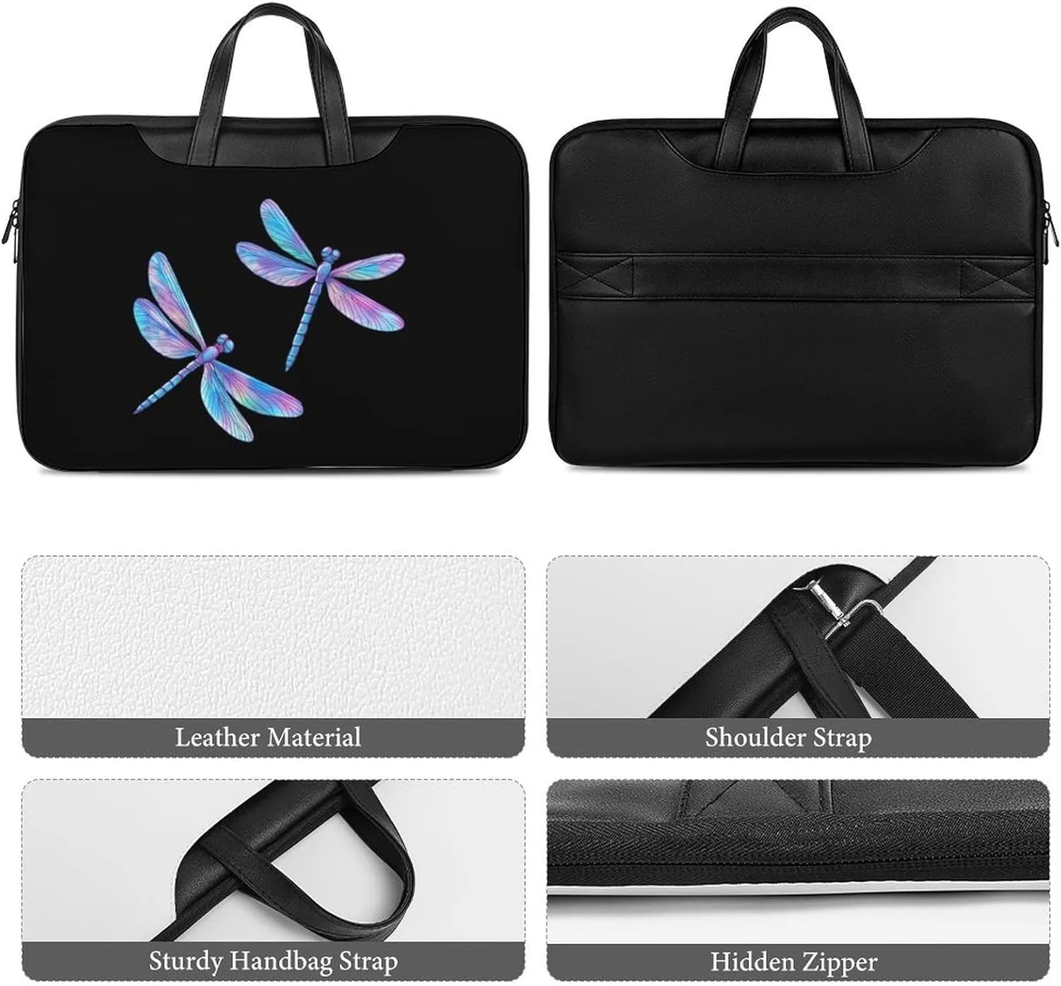Flying Dragonflies Laser Color Leather Bag Laptop Case Slim Water Resistant Computer Bags with Handle Briefcase for Work