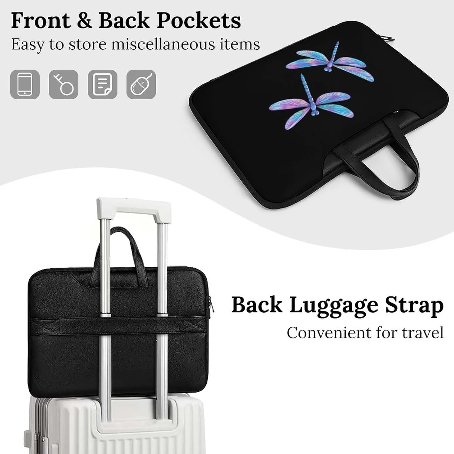 Flying Dragonflies Laser Color Leather Bag Laptop Case Slim Water Resistant Computer Bags with Handle Briefcase for Work