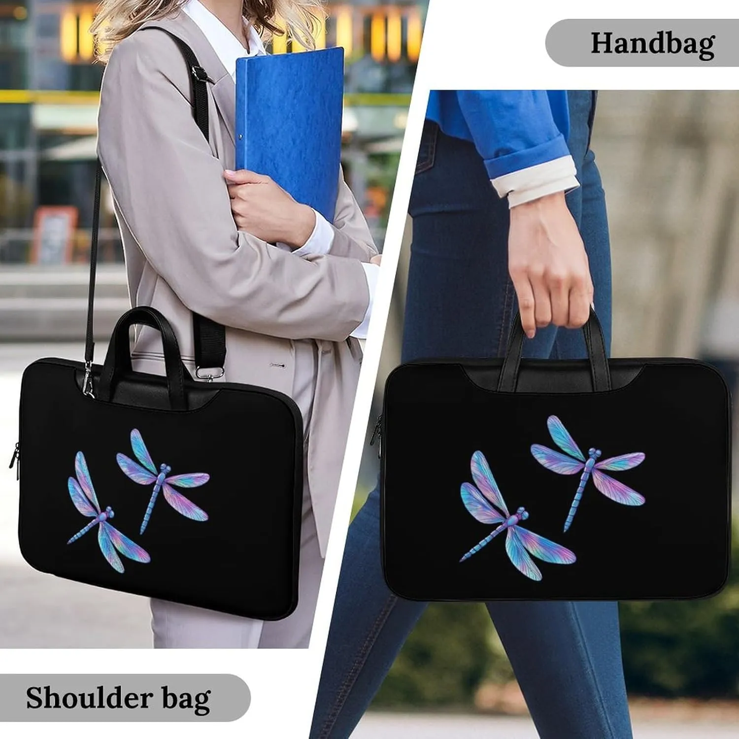 Flying Dragonflies Laser Color Leather Bag Laptop Case Slim Water Resistant Computer Bags with Handle Briefcase for Work