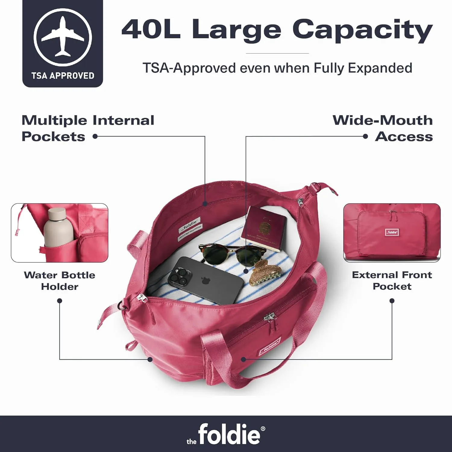 Foldable Travel Tote Bag for Women - 40L Weekender Bag with Multiple Pockets - Carry On Personal Item Travel Bag