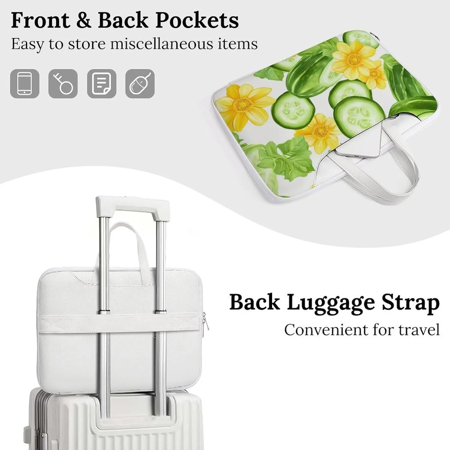 Fresh Cucumber Slices Flowers Leather Bag Laptop Case Slim Water Resistant Computer Bags with Handle Briefcase for Work