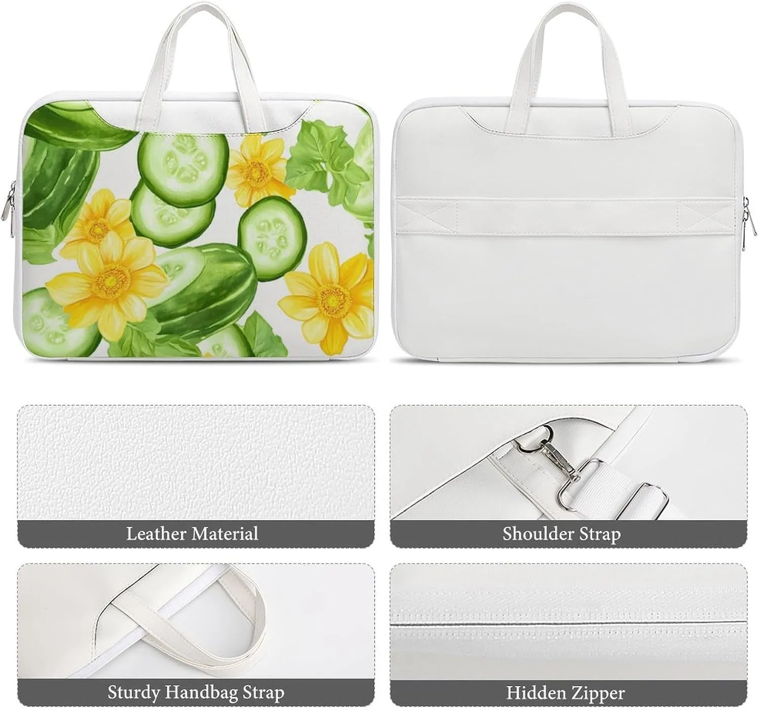 Fresh Cucumber Slices Flowers Leather Bag Laptop Case Slim Water Resistant Computer Bags with Handle Briefcase for Work