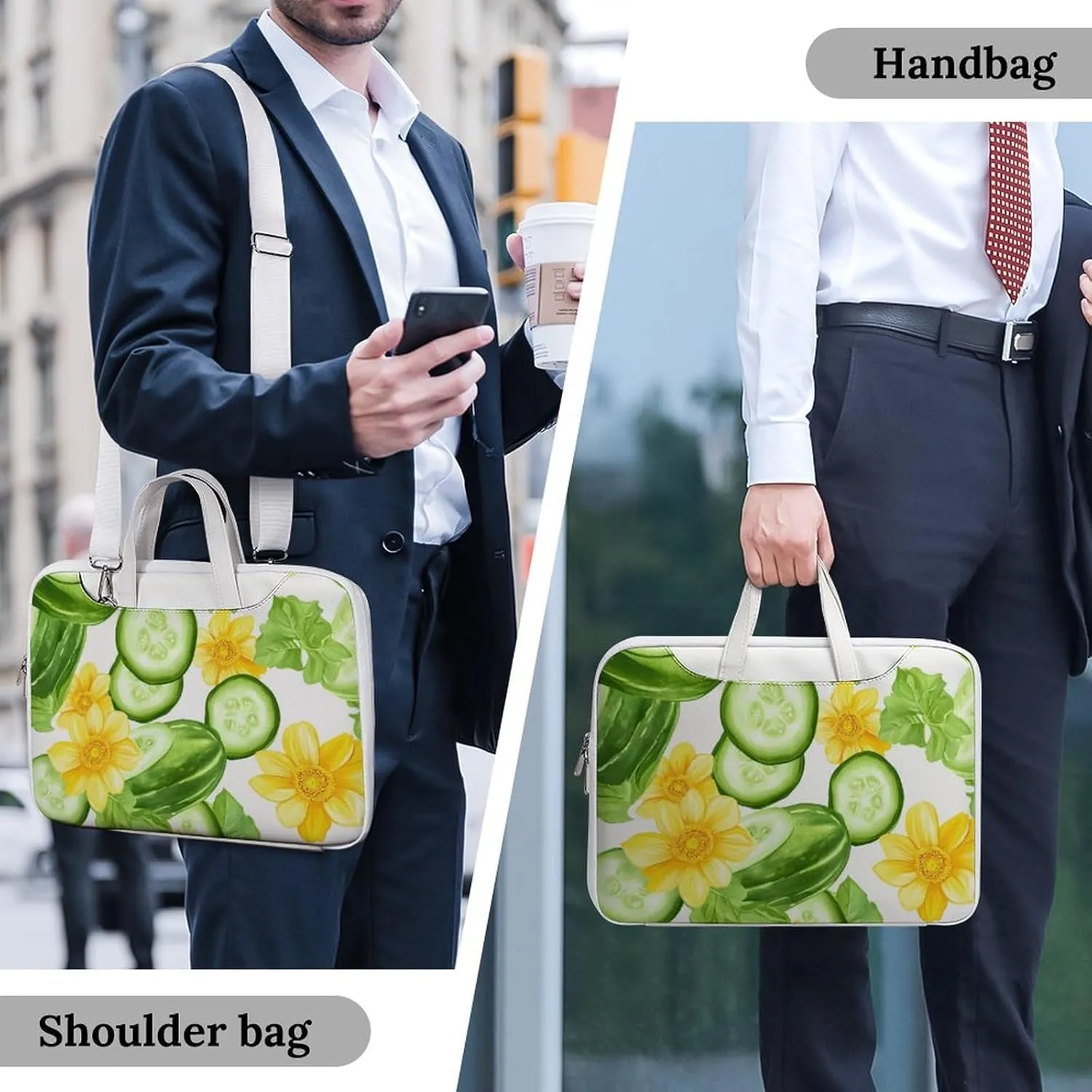 Fresh Cucumber Slices Flowers Leather Bag Laptop Case Slim Water Resistant Computer Bags with Handle Briefcase for Work