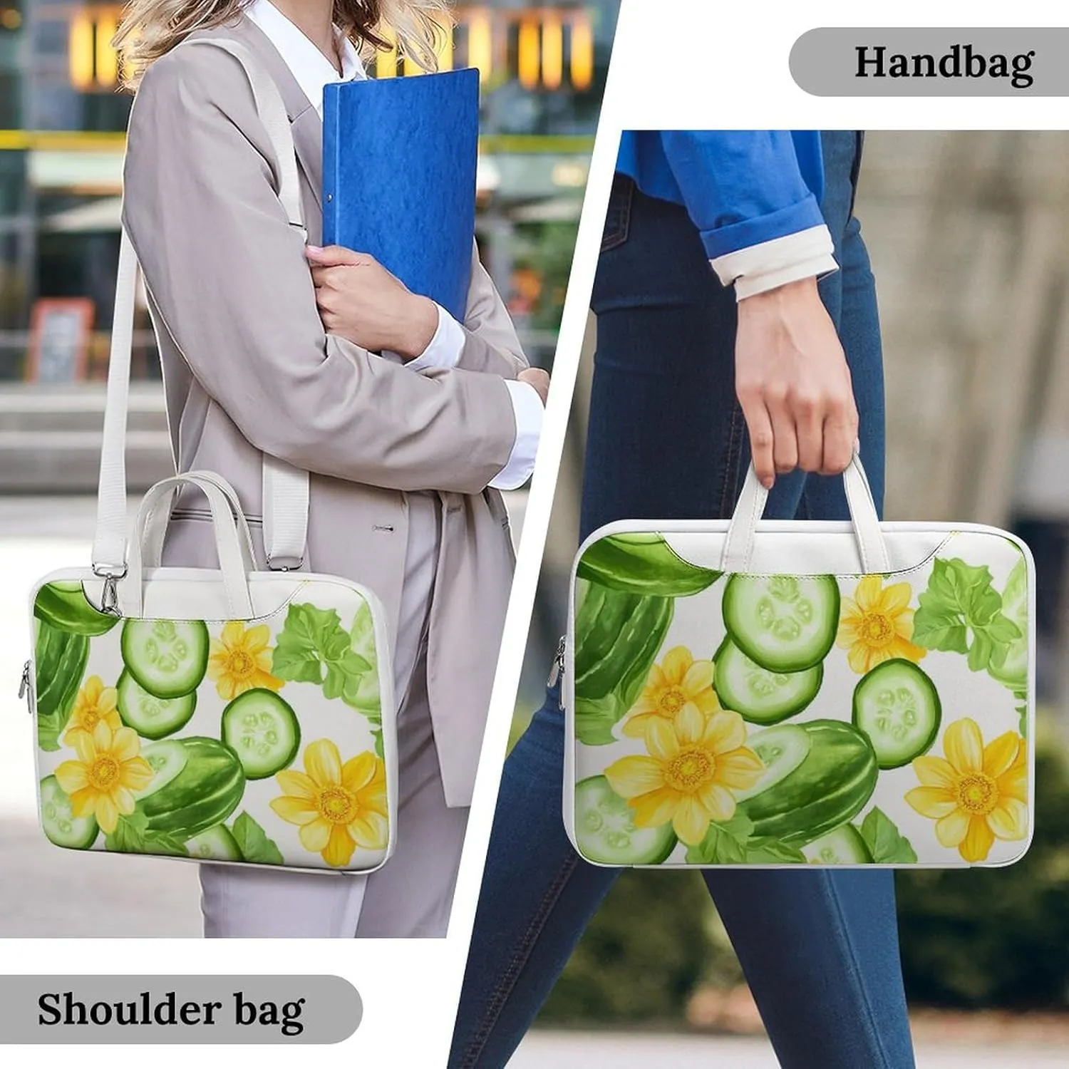 Fresh Cucumber Slices Flowers Leather Bag Laptop Case Slim Water Resistant Computer Bags with Handle Briefcase for Work