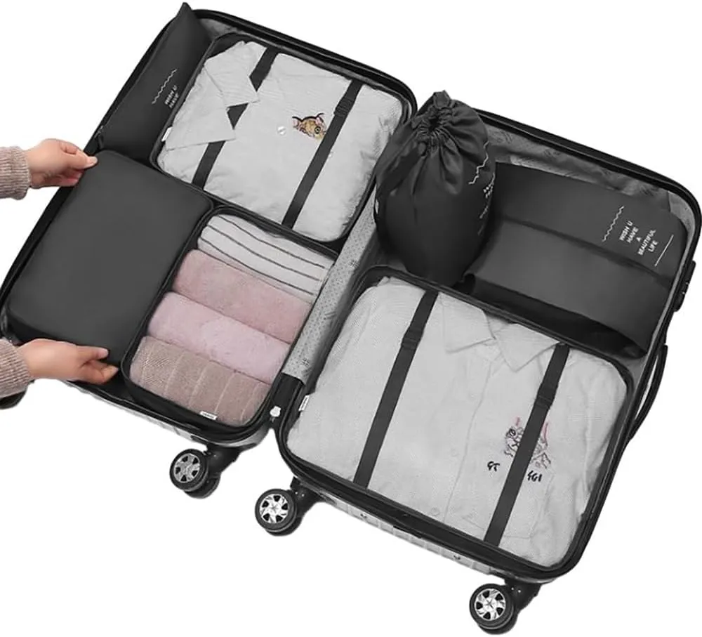 FUNSEED 7 Set Compression Packing Cubes for Travel Accessories Travel Essentials, Suitcase Luggage Organizer(Black)
