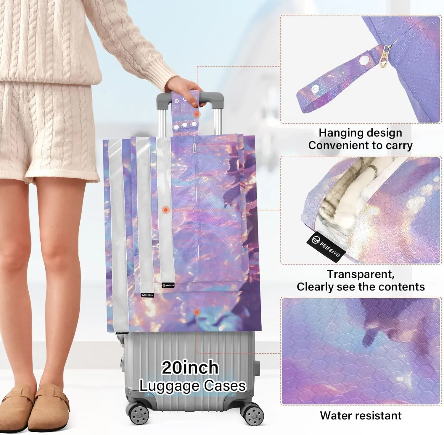 Garment Bag Closet Storage, Luggage Space Saver, Gemstone Glitter Pink Purple Yellow, Waterproof, 3 Set Travel Packing Cubes For Suitcases, Luggages Management Personnel