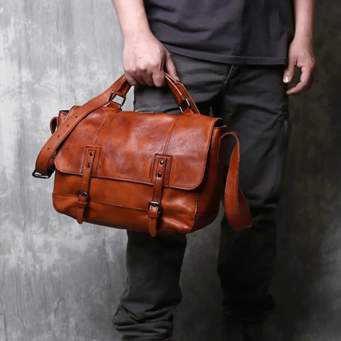 Genuine Leather Briefcases Mens Crossbody Bags Casual Daypacks Handbags Messenger Shoulder Bags 14.6Inch