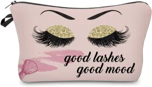 Good Lashes Good Mood Makeup Bag Eyelash Pink Cosmetic Bags for Women Inspirational Gift Small Funny Cosmetics Pouch Travel Bag Cases for Toiletries Accessories Organizer