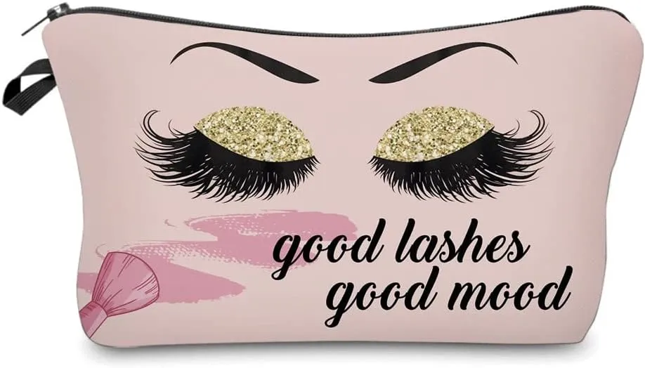 Good Lashes Good Mood Makeup Bag Eyelash Pink Cosmetic Bags for Women Inspirational Gift Small Funny Cosmetics Pouch Travel Bag Cases for Toiletries Accessories Organizer