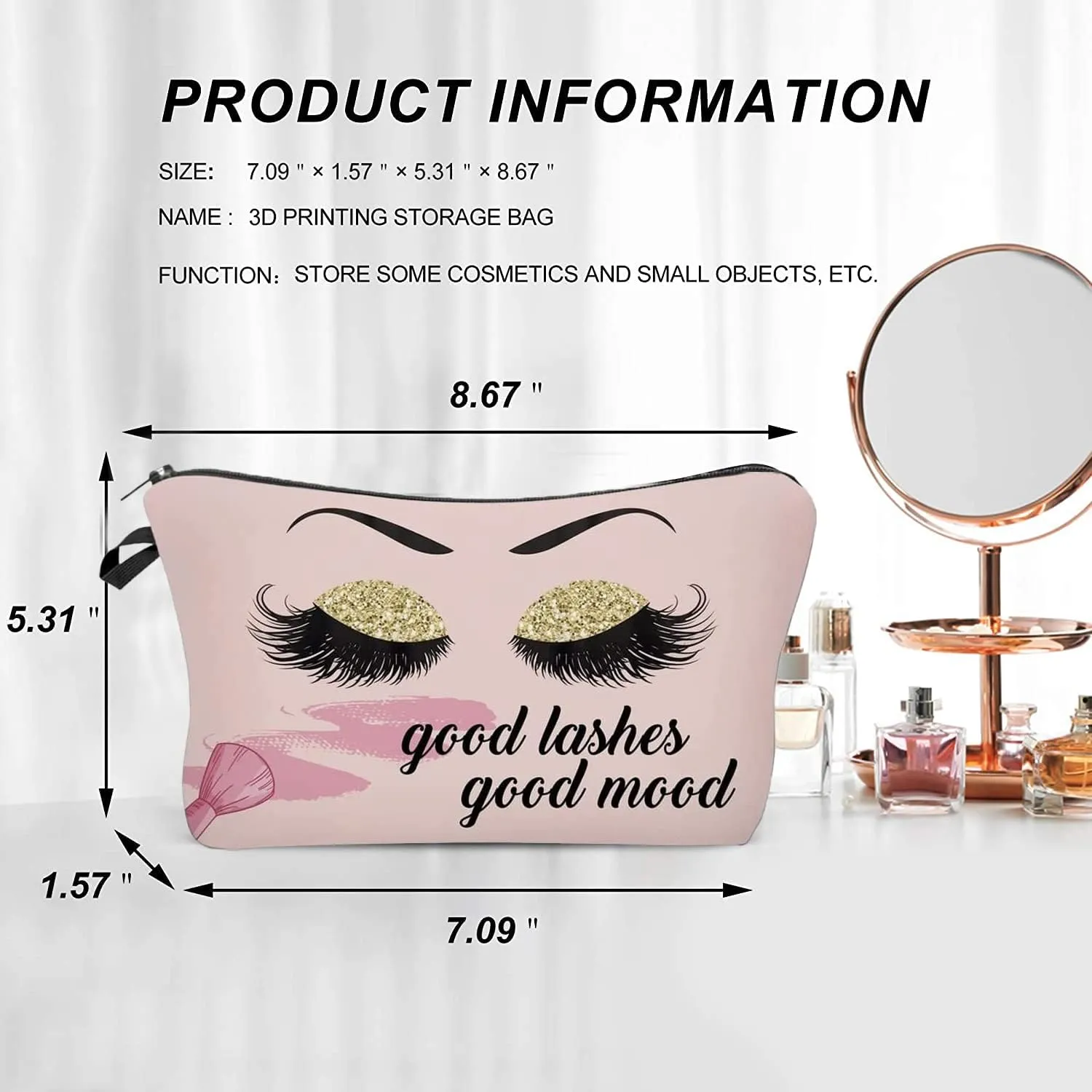 Good Lashes Good Mood Makeup Bag Eyelash Pink Cosmetic Bags for Women Inspirational Gift Small Funny Cosmetics Pouch Travel Bag Cases for Toiletries Accessories Organizer